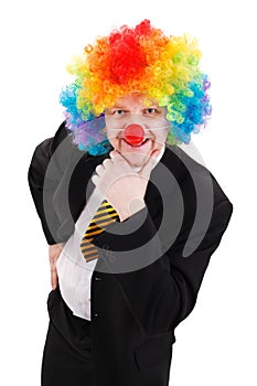 Business man wearing colorful clown wig