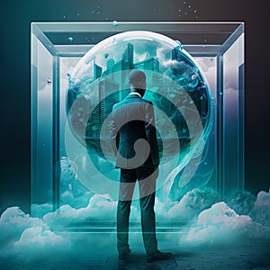 A business man, wearing an expensive suit gazing through a portal in a box, he is lloking at a city. conceptual art