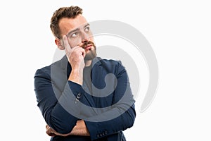 Business man wearing smart casual clothes making thinking gesture