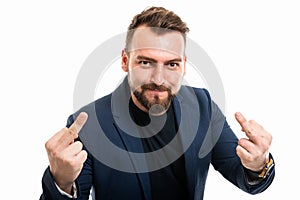 Business man wearing smart casual clothes showing double obscene gesture