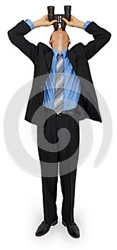 Business man wearing suit with blue tie with binoculars look up