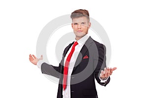 Business man welcomes you