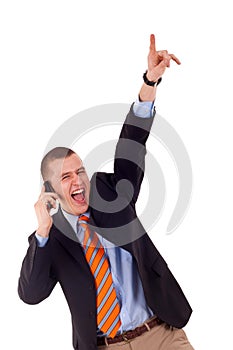 Business man winning at phone