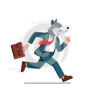 Business man with wolf head running with briefcase
