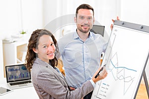 Business man and woman, analysing stats on a paperboard