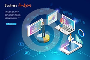 Business man and woman analysing virtual growth graph revenue and profit charts on computer and smart phone. Intelligent digital