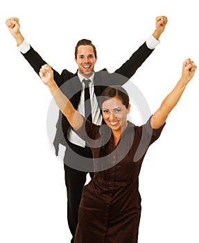 Business man and woman with arms in air