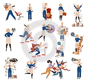 Business Man and Woman Busy with Office Work Routine Big Vector Set