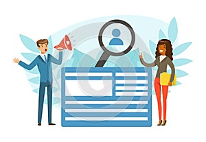 Business Man and Woman Character Working Searching Candidate for Vacant Position with Megaphone Vector Illustration