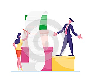 Business Man and Woman Characters with Huge Heap of Paper Documents