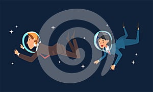 Business Man and Woman Characters in Suit and Astronaut Helmets Flying in Outer Space Among Stars Vector Set