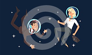 Business Man and Woman Characters in Suit and Astronaut Helmets Flying in Outer Space Among Stars Vector Set