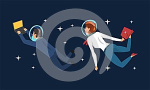 Business Man and Woman Characters in Suit and Astronaut Helmets Flying in Outer Space Among Stars Vector Set