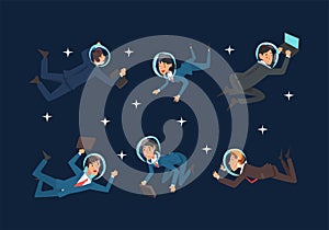 Business Man and Woman Characters in Suit and Astronaut Helmets Flying in Outer Space Among Stars Vector Set