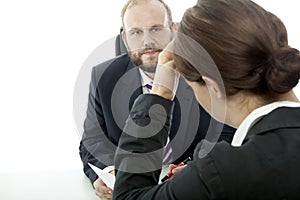 Business man woman at desk is unwell contract