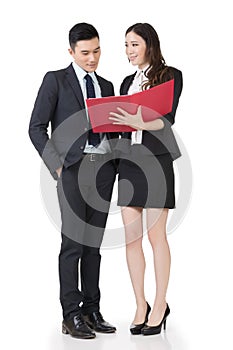 Business man and woman discuss