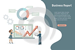 Business man and woman discussing and analysing growth graph and business reports on computer screen. Business analysis and time