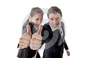 Business man and woman giving thumbs up white background