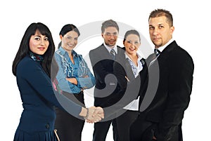 Business man and woman handshake