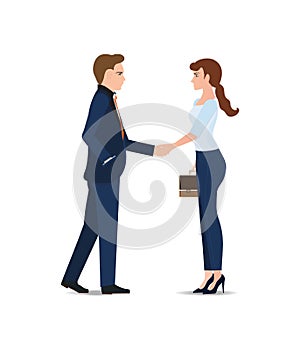 Business man and business woman handshake making a deal.