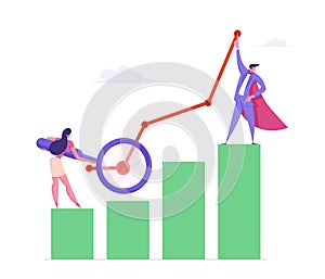 Business Man and Woman with Magnifying Glass, Financial Profit Statistic Diagram. Marketing Solution Development