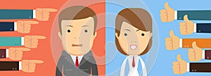 Business man and woman, many hands with thumbs. Dislikes and likes concept. Creative vector illustration