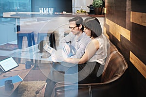 Business Man And Woman Meeting At Work In Office Cafeteria