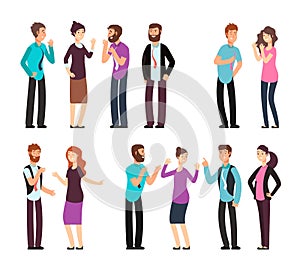 Business man, woman, and people have conversation, discussion, talking and listening. Cartoon vector characters set