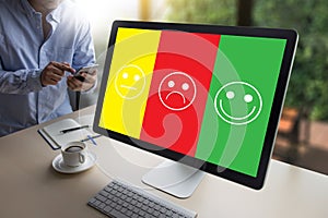 business man and woman select happy on satisfaction evaluation?