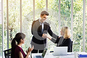 Business man and woman shaking hands in office