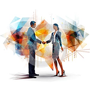 Business man and woman shaking hands polygon graphic illustration on white background