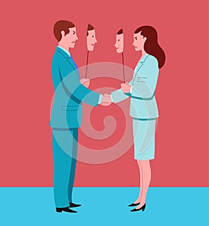 Business man and woman shaking hands pretend to agree and hide mutual hostility photo