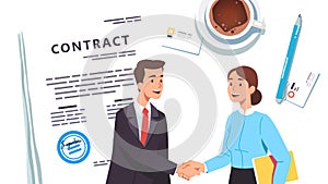 Business man, woman shaking hands, closing deal