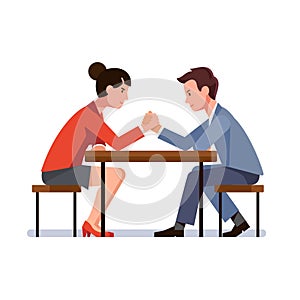 Business man and woman sitting and arm wrestling
