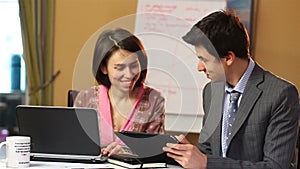 Business man woman smiling on work meeting in office discussion