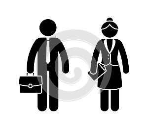 Business man, woman stick figures wearing tie and suit, standing front view vector icon set. Office workers male, female stickman