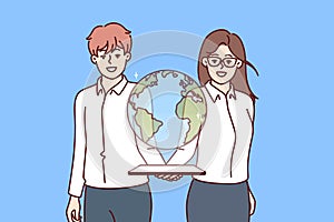 Business man and woman with virtual globe over tablet symbolizing international it business