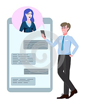 Business man and woman, virtual meeting. Video call and conference vector illustration with smartphone screens