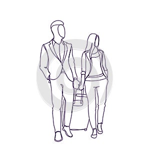 Business Man And Woman Walking With Suitcase Travel Together Sketch Silhouette