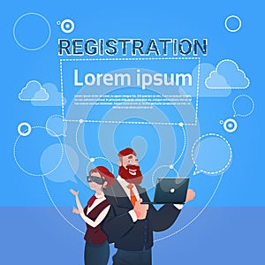 Business Man And Woman Wear Digital Glasses Use Laptop Computer Registration Concept