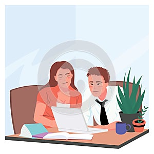 Business man and woman working together sitting at one desk with laptop. Couple working with laptop. Creative working