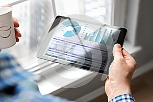 Business man working and analyzing financial figures on a graphs on a tablet in the office