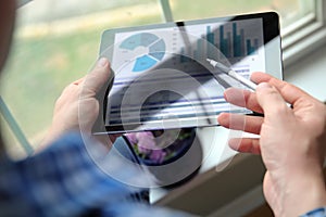 Business man working and analyzing financial figures on a graphs on a tablet in the office