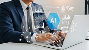 Business Man Working with Artificial Intelligence AI Data and Analytics Interface.