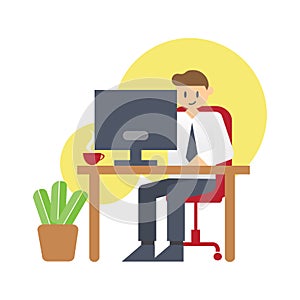 Business man working on computer at the office Vector flat style illustration