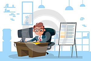 Business Man Working On Computer Sit At Desk Over Office Background