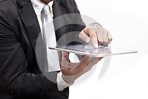 business man working on computer tablet touching screen with white copy space use for technology and internet