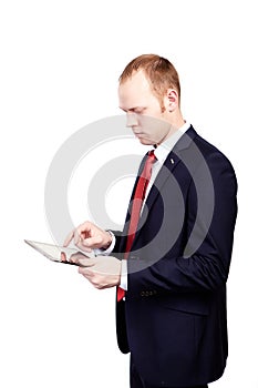 Business man working with a digital tablet on an isolated whi
