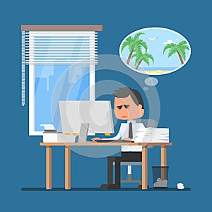 Business man working hard and dreaming about vacation on a beach. Vector illustration in flat cartoon style.