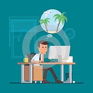 Business man working hard and dreaming about vacation on a beach. Vector illustration in flat cartoon style.